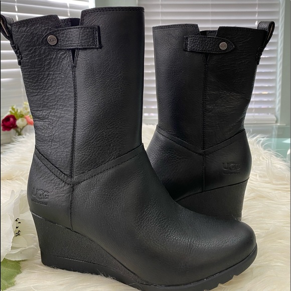 ugg womens potrero waterproof leather wedge boots black